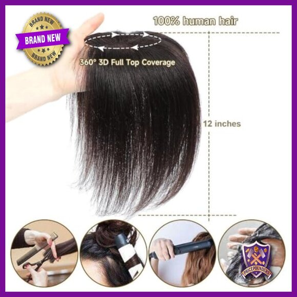 12 Inch Human Hair Clip-In Bangs Topper with 360 3D Swiss Base main image 5